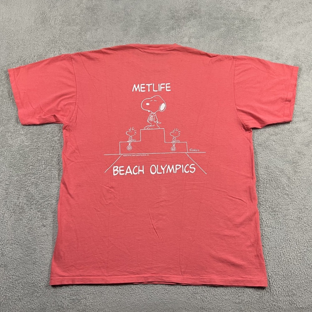 Vintage Oneita Shirt Mens XL MetLife Peanuts Snoopy Beach Olympics Tee Peach